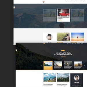 May include: Website homepage for a travel blog with the tagline "Life is an adventure, it's not a package tour." The website features images of mountains, a red truck, and a person standing on a beach.