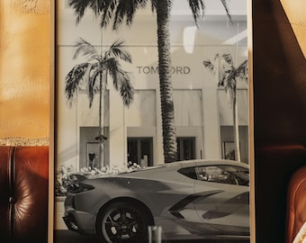Oud geld esthetiek, luxe zwart-witte automuurkunst, Vogue-poster, poster Coastal Drive, retro auto afdrukbare muurkunst, luxe prints