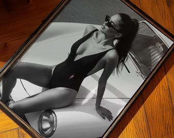 Woman with White Car Poster: Stylish Black and White Fashion Art, Luxury Fashion Print, Hypebeast Wall Art, Luxury Digital Prints