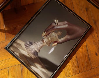 Póster de ajedrez glamuroso, arte mural chic, impresión digital de moda de lujo, póster glamuroso de mujer negra, impresión de pared para dormitorio femenino, decoración urbana de lujo suave.