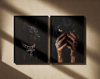 Black & White Luxury Fashion Poster Set of 2 | Luxury Fashion Prints, Designer Wall Art, Cheetah Poster, Doberman Poster Hypebeast Decor