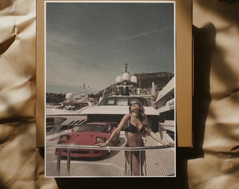 Old Money Yacht and Luxury Car Poster Vintage Vogue Cover Style Coastal Wall Art Luxury Summer Fashion Print Retro Nautical Decor