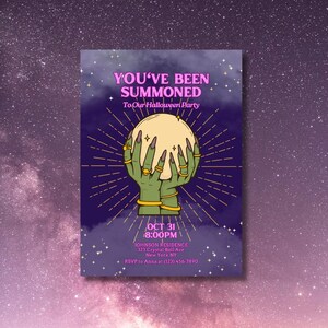 May include: A purple and blue Halloween party invitation with a green hand holding a crystal ball. The text reads "You've Been Summoned To Our Halloween Party" and includes the date, time, address, and RSVP information.