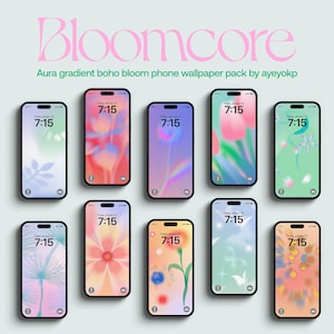 Puede incluir: Nueve fondos de pantalla para teléfono con un fondo degradado y un diseño floral. Los fondos de pantalla son de varios colores, incluyendo rosa, azul, verde y amarillo. La hora se muestra en cada fondo de pantalla como "7:15".