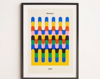 Alineación: Exposición Bauhaus 1919 04 / Exposición geométrica abstracta de mediados de siglo, retro, colorida, descarga digital, póster imprimible, impresión artística