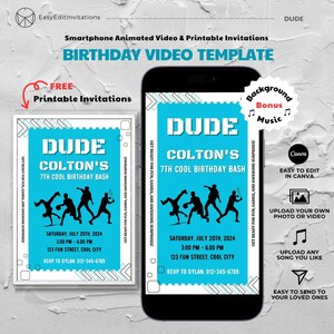 May include: A blue and white birthday invitation for a 7th birthday party. The invitation features a silhouette of kids playing basketball, football, and tennis. The text on the invitation reads "Dude Colton's 7th Cool Birthday Bash".