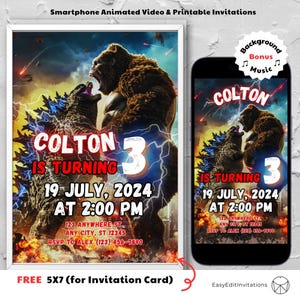 Convite em vídeo de aniversário de Godzilla e Kong, convite editável para festa infantil, modelo personalizável no Canva, fãs de filmes de monstros, cartão eletrônico editável