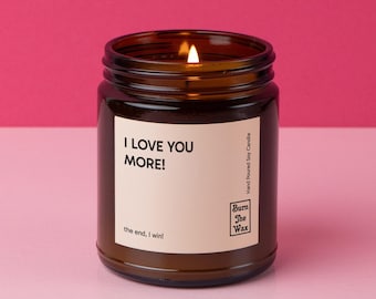 Vela de soja "Te amo más" / Regalo de San Valentín para ella, él, esposa, esposo, novia, novio, regalo de cumpleaños, regalo de aniversario