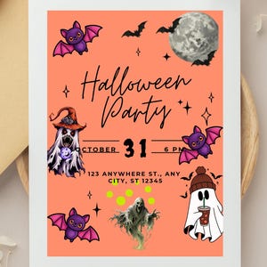 Peut inclure: Une invitation de f&ecirc;te d'Halloween orange avec le texte Halloween Party, October 31, 6 PM, et 123 Anywhere St., Any City, ST 12345. Le design comprend des chauves-souris violettes, une pleine lune, un fant&ocirc;me avec un chapeau et un fant&ocirc;me avec une boisson.