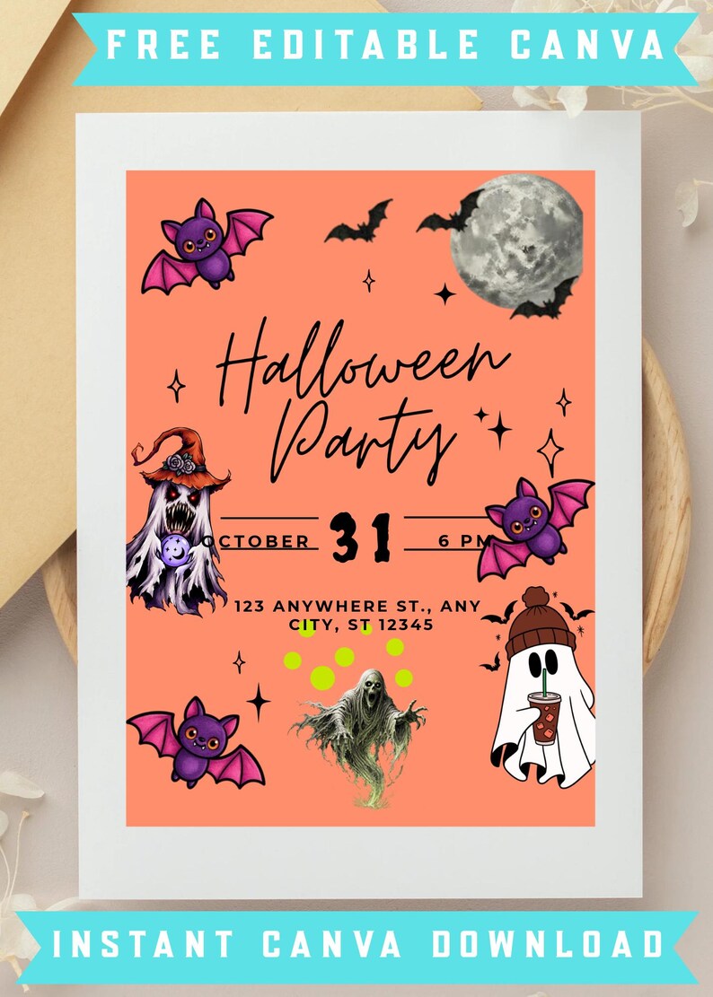Peut inclure: Une invitation de f&ecirc;te d'Halloween orange avec le texte Halloween Party, October 31, 6 PM, et 123 Anywhere St., Any City, ST 12345. Le design comprend des chauves-souris violettes, une pleine lune, un fant&ocirc;me avec un chapeau et un fant&ocirc;me avec une boisson.