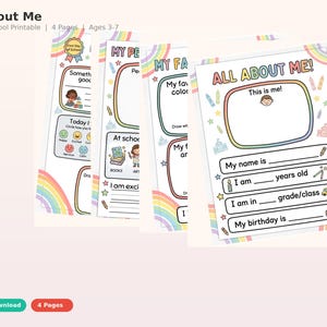 Peut inclure: Un ensemble de quatre fiches imprimables All About Me pour la rentrée scolaire, avec des bordures arc-en-ciel, des icônes aux tons pastel et des sections à remplir pour les enfants, incluant nom, âge, classe, anniversaire et goûts.
