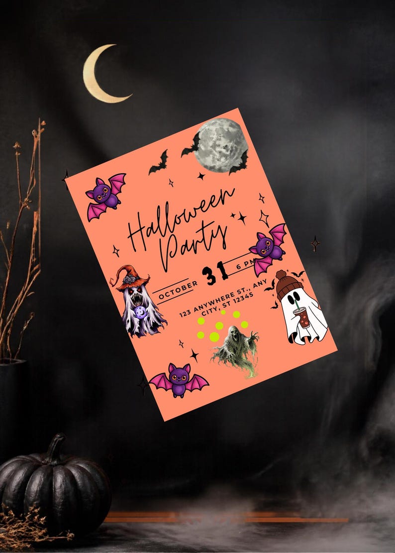 Peut inclure: Une invitation rectangulaire pour une f&ecirc;te d'Halloween sur fond p&ecirc;che avec une pleine lune, des chauves-souris et des &eacute;toiles. Les illustrations incluent une sorci&egrave;re, un fant&ocirc;me en bonnet avec une boisson et une goule. Texte : Halloween Party, October 31, 6 PM, 123 Anywhere St., Any City, ST 12345.