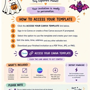Peut inclure: Un mod&egrave;le d'invitation num&eacute;rique pour une f&ecirc;te d'Halloween avec un fant&ocirc;me, une chauve-souris et une citrouille. Le texte inclut : YOUR HALLOWEEN PARTY INVITATION, HOW TO ACCESS YOUR TEMPLATE, ACCESS YOUR CANVA TEMPLATE, WHAT'S INCLUDED, 5 x 7 inch portrait size, et PLEASE NOTE.