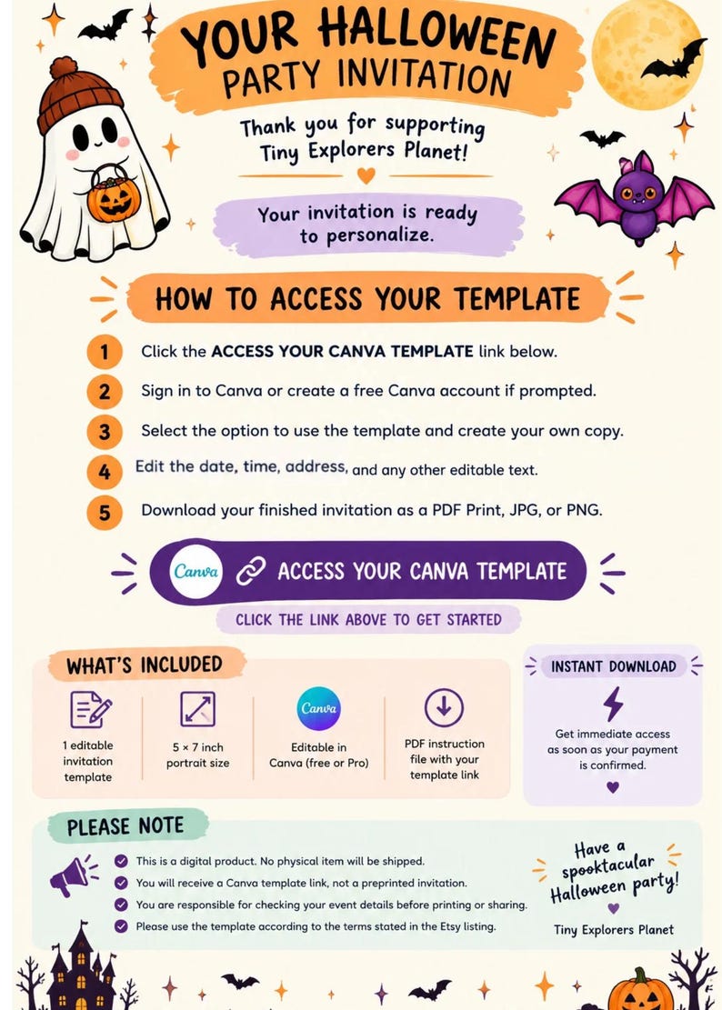 Peut inclure: Un mod&egrave;le d'invitation num&eacute;rique pour une f&ecirc;te d'Halloween avec un fant&ocirc;me, une chauve-souris et une citrouille. Le texte inclut : YOUR HALLOWEEN PARTY INVITATION, HOW TO ACCESS YOUR TEMPLATE, ACCESS YOUR CANVA TEMPLATE, WHAT'S INCLUDED, 5 x 7 inch portrait size, et PLEASE NOTE.