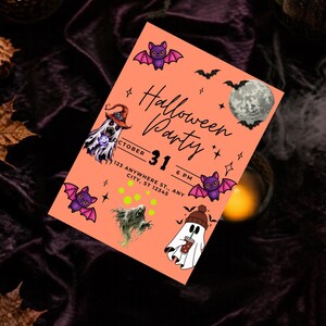 Peut inclure: Une carte d'invitation orange pour une f&ecirc;te d'Halloween avec des illustrations de chauves-souris violettes, une pleine lune, un fant&ocirc;me avec un chapeau, un fant&ocirc;me avec une boisson et une silhouette effrayante. Texte : Halloween Party, 31 octobre, 18h.