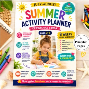Peut inclure: Un planificateur d'activités estivales pour enfants de maternelle et pré-maternelle, âgés de 2 à 5 ans. La couverture montre un enfant dessinant, du texte coloré et des icônes. Il propose 8 semaines d'activités, 21 pages imprimables.