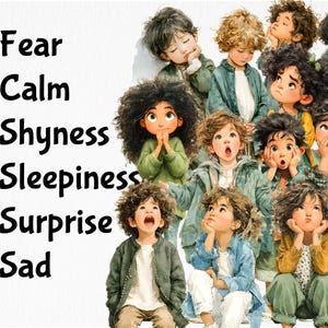 May include: Illustration of children expressing various emotions, including fear, calmness, shyness, sleepiness, surprise, and sadness. The children are depicted in a variety of poses and facial expressions, wearing green and blue jackets. Text on the left side lists the emotions.