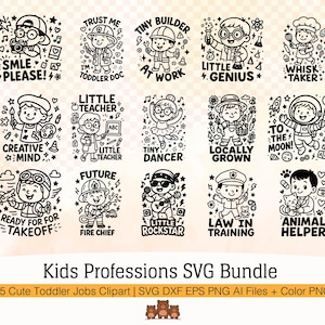 Puede incluir: Un paquete SVG en blanco y negro con 15 ilustraciones de trabajos para niños pequeños. Las imágenes representan a un fotógrafo, médico, constructor, científico, chef, artista, maestro, bailarín, astronauta, granjero, piloto, bombero, estrella de rock, oficial de policía y ayudante de animales.