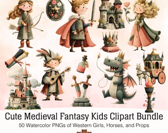 Watercolor Medieval Kids Clipart Bundle: Fantasy Knights, Princesses, Dragons (PNG Digital Download)