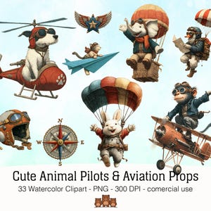Piloten Tiere Aquarell Clipart - 32 PNGs von niedlichen Tierpiloten und Luftfahrt Requisiten | Flugzeug, Brille, Wolken, Reise Abenteuer Kunst