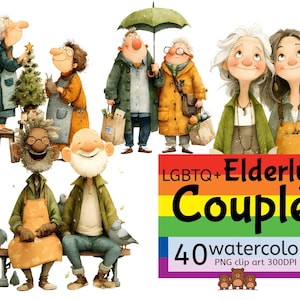 インクルーシブなLGBTQ+の老夫婦の水彩画クリップアート - レズビアン、ゲイ、トランスジェンダーのシニアラブPNGバンドル - 40枚の高解像度 - プライド月間