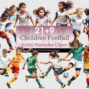 Clipart di calcio per bambini, Clipart di calcio ad acquerello per ragazze, PNG di calcio per ragazzi, Uso commerciale, Clipart di multinazionali ad acquerello, Calcio