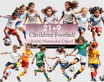 Girl Football Clipart: Watercolor Children PNG (Commercial Use)