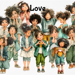 May include: Watercolor illustration of a group of children in various poses, wearing outfits in shades of green, blue, and yellow. The word "Love" is written in black script above the children.