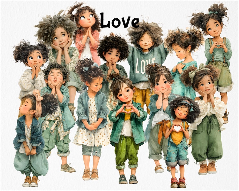 May include: Watercolor illustration of a group of children in various poses, wearing outfits in shades of green, blue, and yellow. The word "Love" is written in black script above the children.