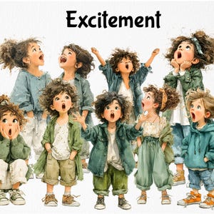 May include: Watercolor illustration of nine children with surprised expressions, looking upwards. The children are wearing various outfits in shades of green, blue, and beige. The word "Excitement" is written at the top in black.