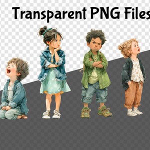 May include: Watercolor illustration of four children in various outfits. The children are wearing blue, green, and brown clothing. The text "Transparent PNG Files" is at the top of the image.