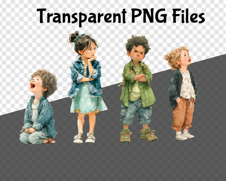 May include: Watercolor illustration of four children in various outfits. The children are wearing blue, green, and brown clothing. The text "Transparent PNG Files" is at the top of the image.