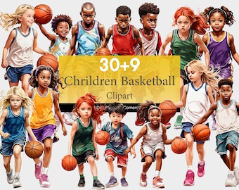 Kids Basketball Clipart: Watercolor Children PNG (Digital Download)