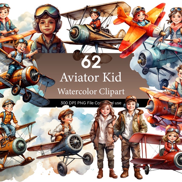 Aviator Kid, Pilot Kid with Plane Clipart, Watercolor girl and boy Children, Airplane, Goggles, Illustration, Commercial Use, Watercolor