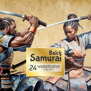 Black Samurai, Fantasy Afro Warriors Clipart, Watercolor, Digital, Illustration, Commercial Use