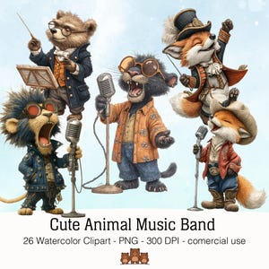 Clipart groupe de musique animal mignon - rock, country, classique, marche et reggae animaux - 26 PNG aquarelles - téléchargement numérique