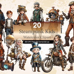 Steampunk Kids Clipart, aquarel Steampunk meisje en jongen kinderen, illustratie, commercieel gebruik, aquarel