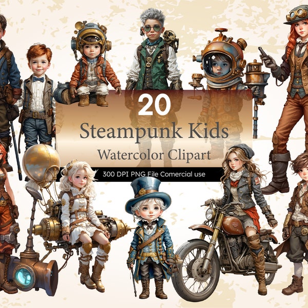 Steampunk Kids Clipart, Watercolor Steampunk girl and boy Children, Illustration, Commercial Use, Watercolor