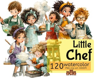 Watercolor Chef Clipart: Diverse Kids Cooking Set (Digital Download, 120 PNGs, 300 DPI)