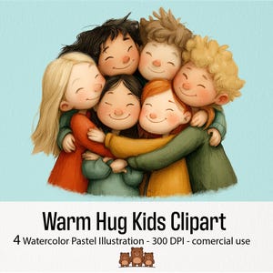 Warme Umarmung Kinder Clipart | Aquarell Pastell Illustration verschiedener Kinder Umarmen | Freundschaft & Einheit Kunst | Sofort Download