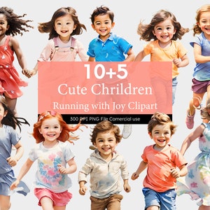 Imágenes prediseñadas de niños lindos corriendo con alegría, niños multinacionales felices, niños riendo corriendo, paquete de imágenes prediseñadas de niños en acuarela