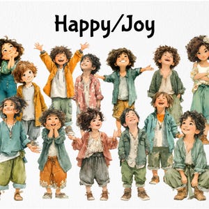 May include: Watercolor illustration of a group of children in various outfits, with the text "Happy/Joy" at the top. The children are depicted with joyful expressions, wearing jackets, shirts, and pants in shades of green, orange, and pink.