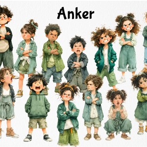 May include: Watercolor illustration featuring a group of children with angry expressions. The children are wearing various outfits in shades of green, blue, and brown. The word "Anker" is written in black letters at the top of the image.