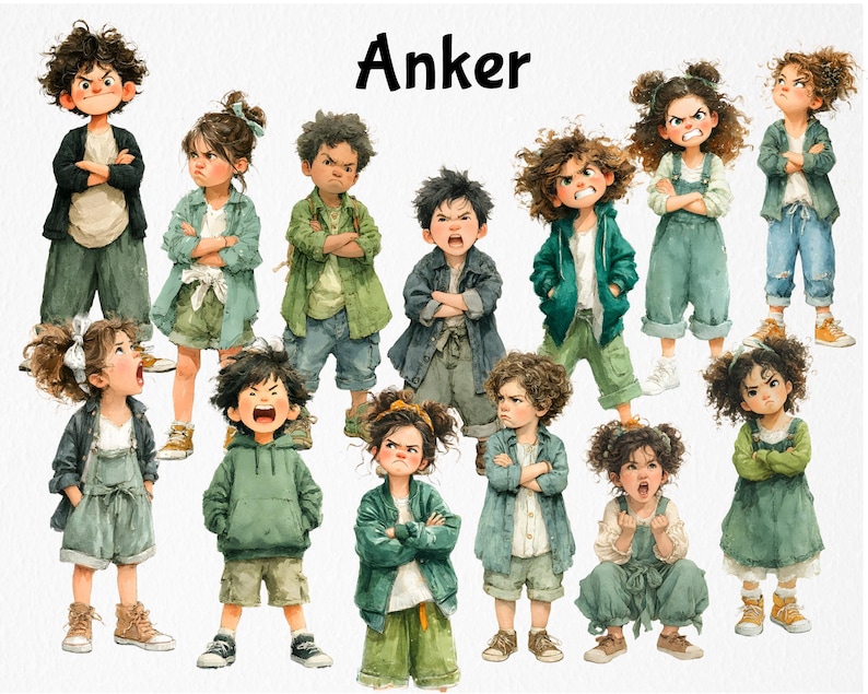 May include: Watercolor illustration featuring a group of children with angry expressions. The children are wearing various outfits in shades of green, blue, and brown. The word "Anker" is written in black letters at the top of the image.