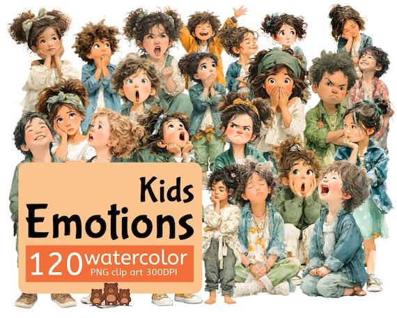 Watercolor Kids Emotions Clipart Bundle – 120  High-Resolution PNGs, Children, 300 DPI