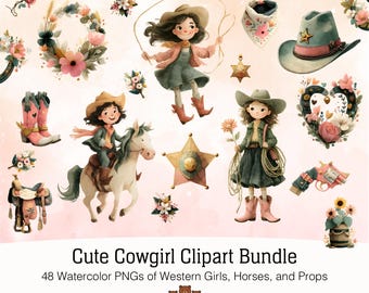 Cowgirl Clipart Bundle: Watercolor Western Girls, Horses & Props (PNG Digital Download)