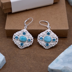 Topaz and Larimar Earrings, Sterling Silver Larimar and Blue Topaz Earrings for women, Flower Larimar Gemstone Earrings Gift for Girls