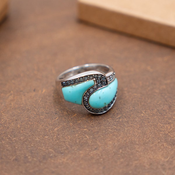 Silver Turquoise Ring with Blue Topaz, Beach Wedding Silver Turquoise Ring with Topaz Gemstones, Elegant Wave Turquoise Ring for woman