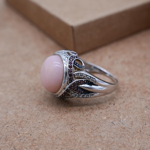 Peru Pink Opal Ring with Rhodolite Garnet & White Topaz Ring, Handmade Vintage-Inspired Statement Ring, Wedding gift for Woman, Bridal Ring