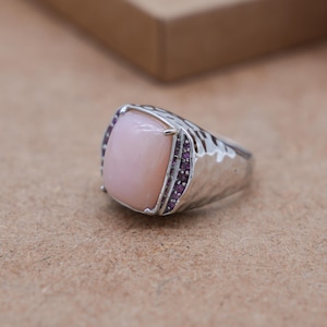 Pink Opal & Rhodolite Garnet Silver Ring for woman, Statement Ring with Pink Stone, Romantic Gift for Her Wedding, Handmade Opal Ring